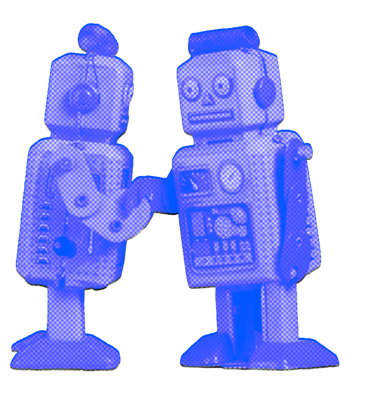 Two toy robots shaking hands